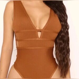 Fashion Nova Brown Ribbed Cutout Bodysuit
